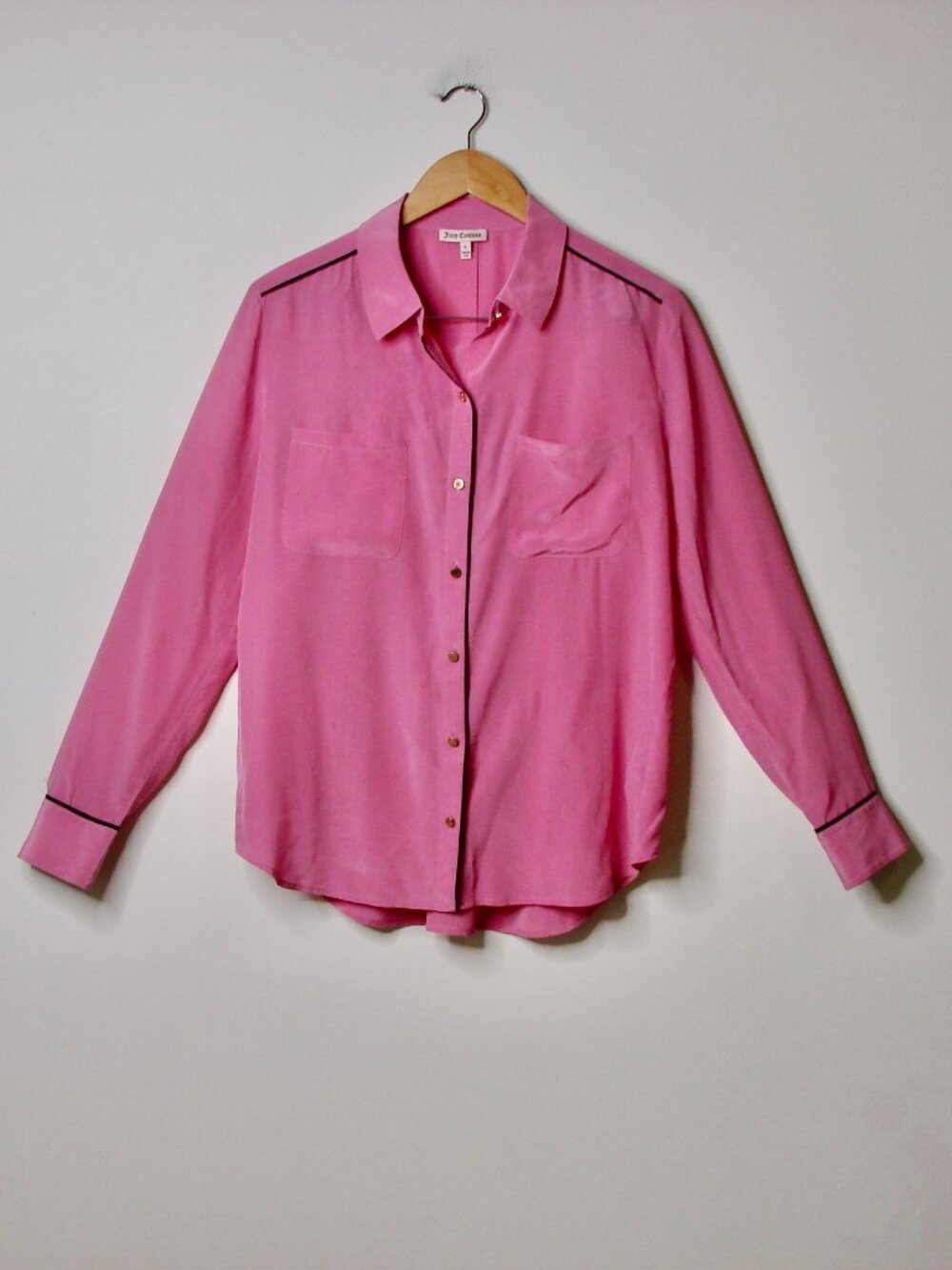 Juicy Couture Pink 100% Silk Blouse Top Gold Buttons Dressy Work Office Large
